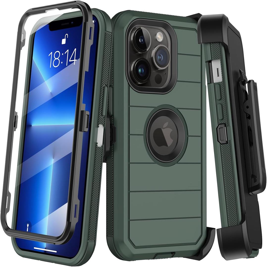 KECAI for iPhone 13 Pro Case with Belt Clip Holster & Kickstand,Built-in Screen Protector,Heavy Duty Shockproof Drop Protection Military Grade Full Body Rugged Phone Cover (6.1 Inch) (Dark Green)