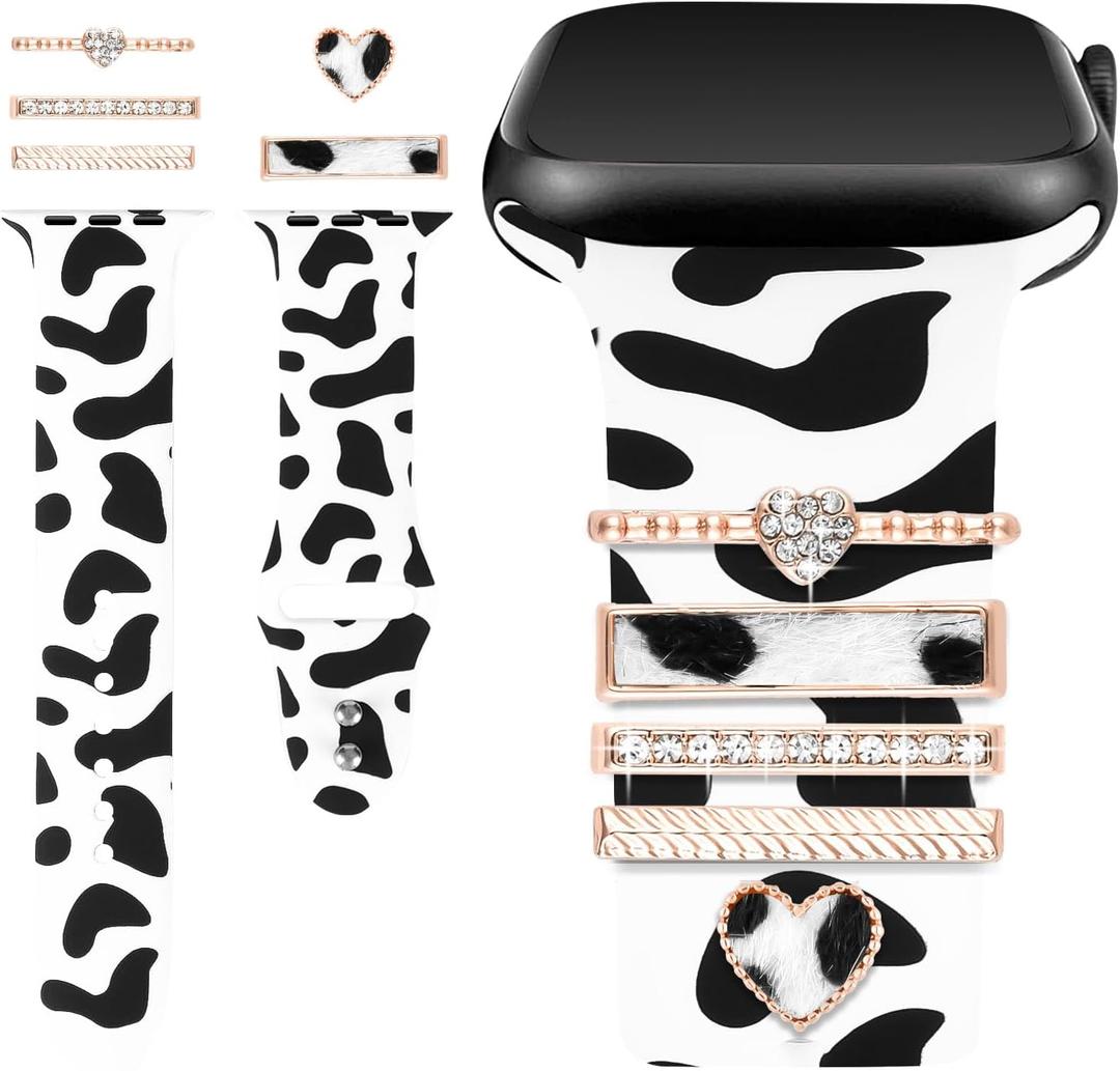 Printed Watch Band with Charms Compatible with Apple Watch 38mm 40mm 41mm 42mm 44mm 45mm 49mm,Print Soft Silicone Band & Decorative Ring Loops for iWatch Series 7 6 5 4 3 2 1