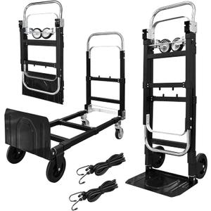 3-in-1 Aluminum Hand Truck Dolly, 600 lbs Heavy Duty Folding Trolley with Universal Wheels, Convertible Hand Truck with Tie Down Straps for Warehouse, Supermarket, Office (Black)