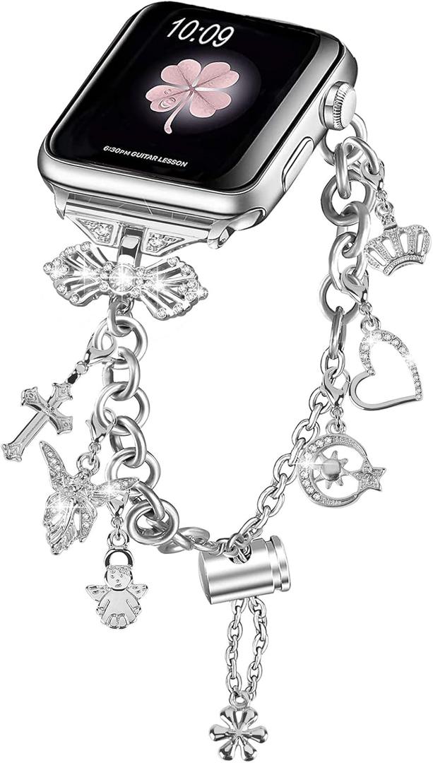 Compatible with Apple Watch Ultra Band 38MM 40MM 41MM 42MM 44MM 45MM 46MM 49MM Series 10 9 8 7 6 5 4 3 2 1 Smartwatch wistband Bracelet Strap Lucky clover Bracelet iWatch Band for Women (Silver)