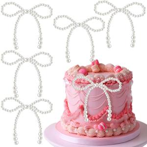12Pcs Pearl Bow Cake Topper Bow Dots Cake Decorations, Bowknot Pearl Bows Cupcake Toppers for Bow Themed Birthday Party Decorations Wedding Baby Shower Party Cake Decoration Supplies (White)