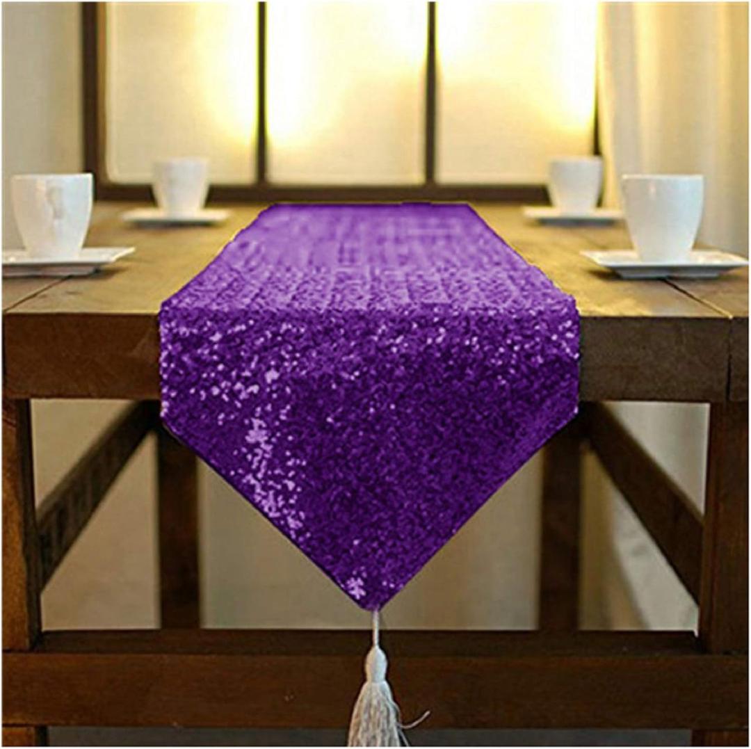 ShinyBeauty 12x72-Inch-Purple-Sequin Table Runner with Tassel for Dining Decoration-Sequin Dresser Scarves for Wedding Event (Purple)