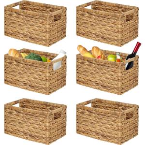 BARIEN Set of 6 Natural Water Hyacinth Woven Storage Baskets 12.6 x 8 x 7, Rectangular Wicker Basket with Built-in Handles, Medium (Natural - Set of 6)