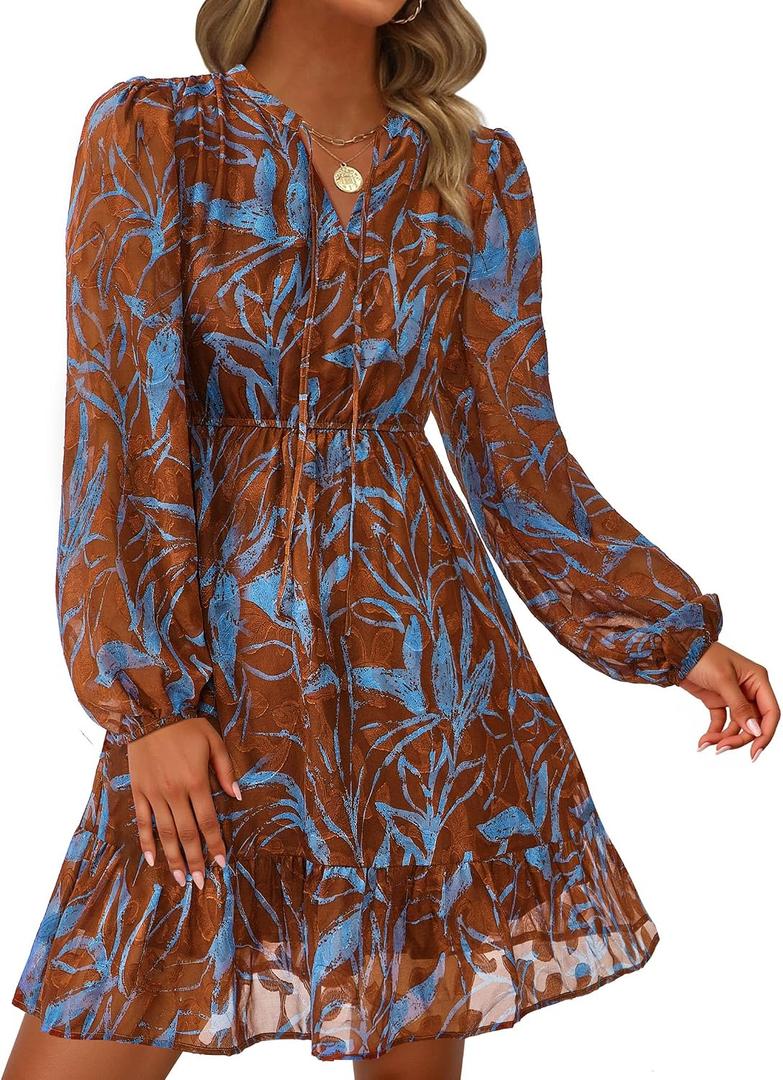 PRETTYGARDEN Women's Fall Boho Dresses 2026 Floral Long Sleeve V Neck Mini Flowy Wedding Guest Dress Trendy Vacation Outfits (M)