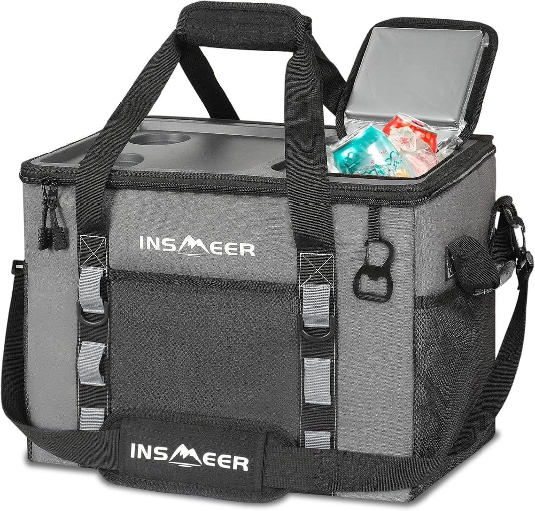 INSMEER Soft Cooler Bag with Hard Shell & 2 Cup Holders, Portable 40L/70 Cans Collapsible Cooler Bags Insulated with Leakproof for Travel, ice chests and Cooler Lunch Box for Beach Camping Picnic (Grey)