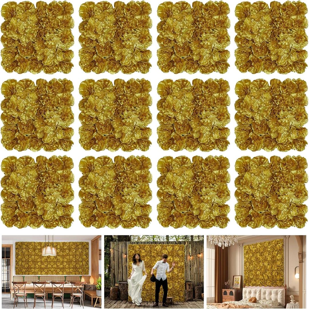 Autumn Collection Artificial Fall Flower Wall Panels - 12-Piece Set of 15x15inch Gold Silk Roses Flowers Wall Backdrops for Fall Weddings Thanksgiving Background and Seasonal Home Elegance
