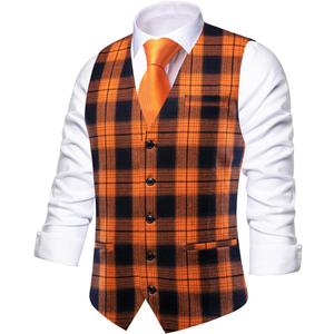 Hi-Tie Mens Plaid Solid V-Neck Suit Vest Slim Fit Waistcoat 3 Pockets Formal Casual Tuxedo for Wedding or Business (XX-Large, Black and Orange)