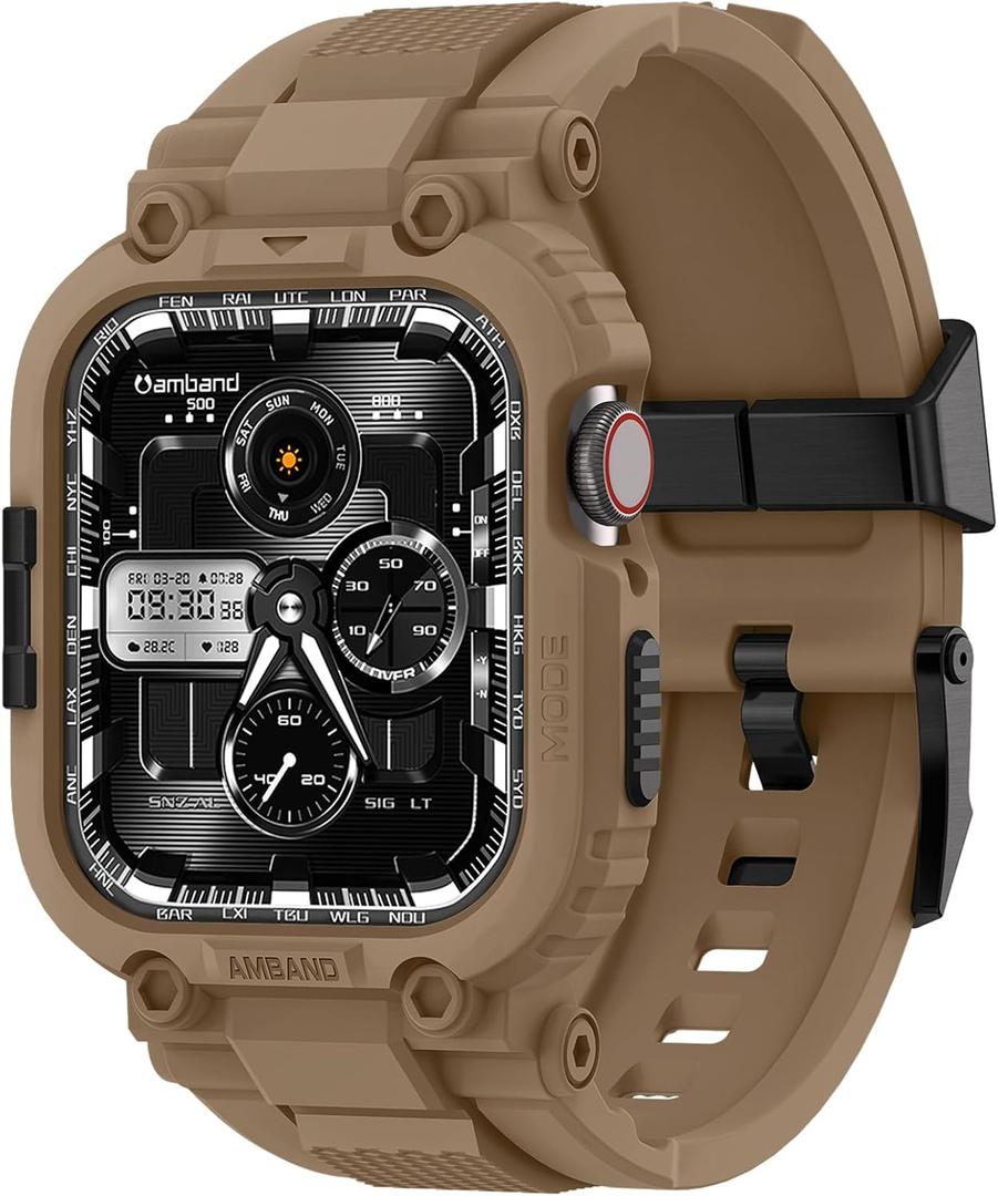 amBand Bands Compatible with Apple Watch 9/8/7 45mm, M1 Sport Series Rugged Case with TPU Strap Military Protective Tough Cover Bumper for iWatch SE3/SE2/SE/6/5/4 44mm Men Desert Tan