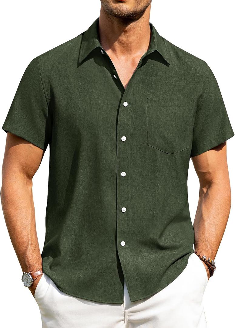 Alimens & Gentle Mens Linen Shirts Short Sleeve Button Down Shirts Wrinkle Free Casual Vacation Beach Summer Tops (Green, M)