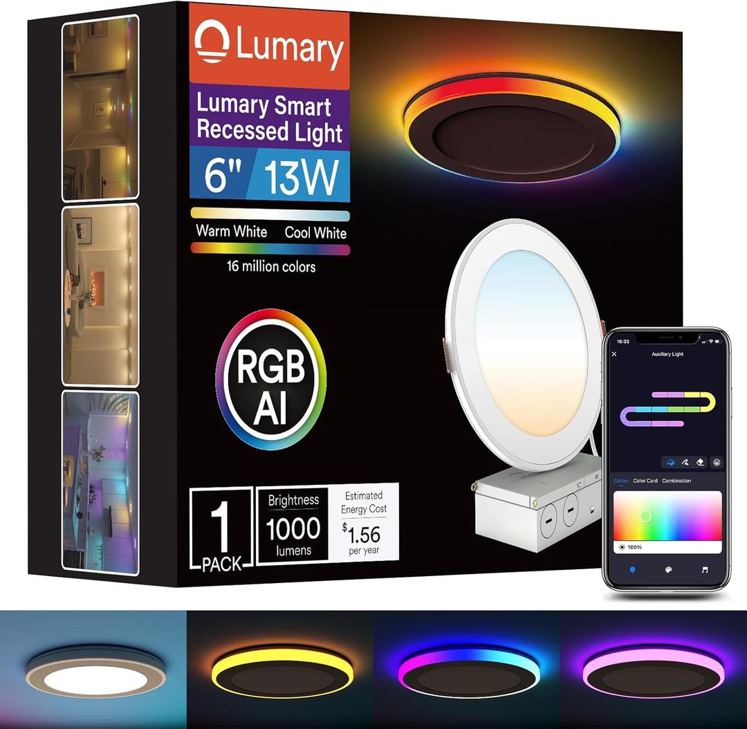 Lumary RGBAI Smart Recessed Lighting 6 Inch with Gradient Accent and Night Ring, 13W 1000LM Wi-Fi LED Recessed Lights, LED Downlight Compatible with Alexa/Google Assistant/Siri, 1PCS