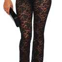 Women Lace Pants Leggings Sexy Sheer Mesh Rave Pants Wide Leg Bell Bottom Cover Up (Large, Black)