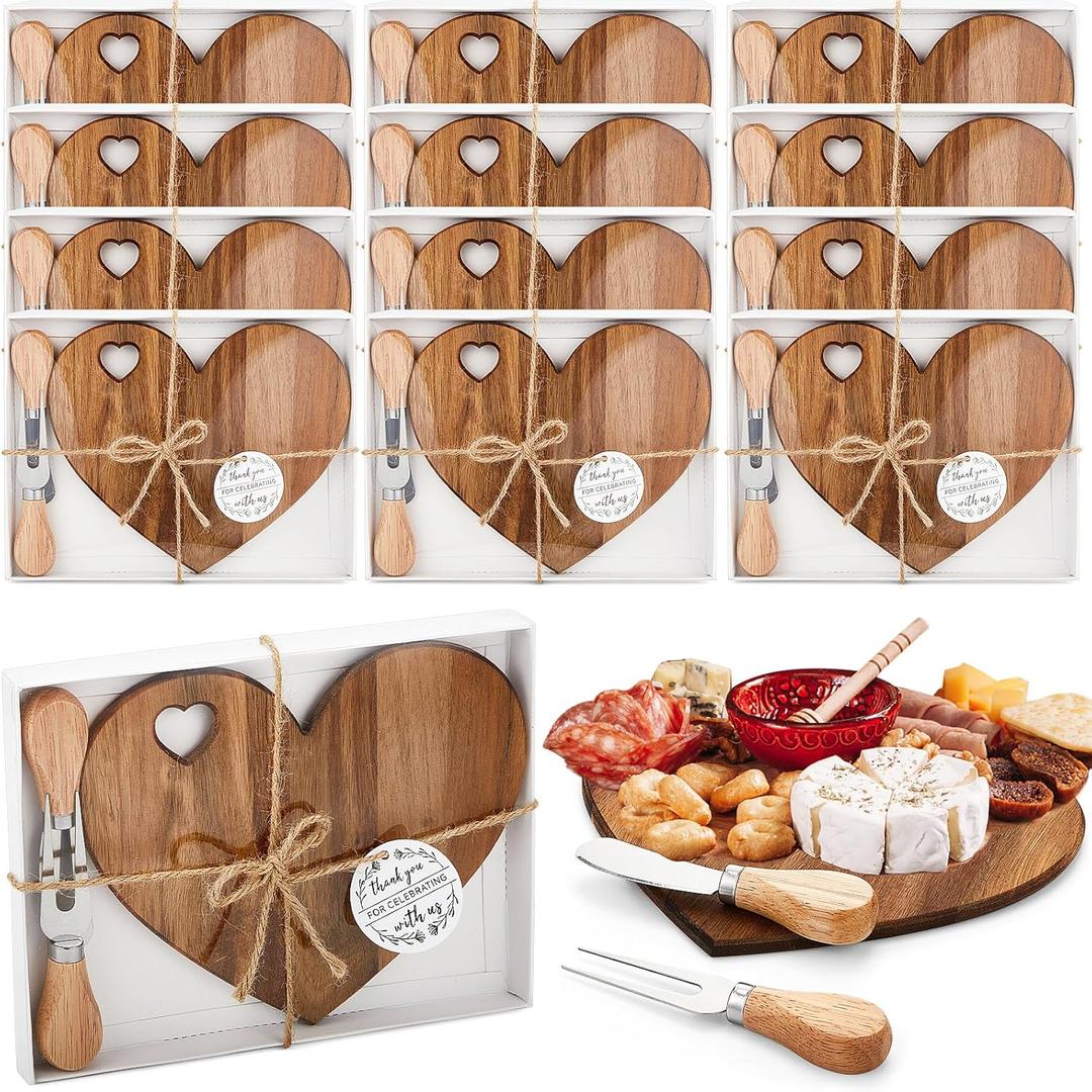 Patelai 12 Set Bridal Baby Shower Favor Heart Cheese Board with Knife, Wood Mini Charcuterie Board Thank You Gift Box for Guest Bridal Baby Shower Prize Wedding Valentines Birthday (Acacia Color)