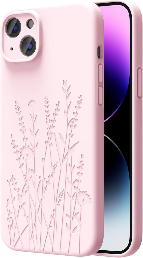 OAOA Magnetic Engraved Case Compatible with iPhone 15 Case, Compatible with Magsafe, Camera All-Round Protection, Slim Liquid Silicone Phone Case for Women Girls, Chalk Pink Flower