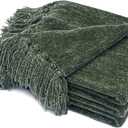 RECYCO Throw Blanket Soft Cozy Chenille Throw Blanket with Fringe Tassel for Couch Sofa Chair Bed Living Room Gift (Dark Green, 50" x 60")
