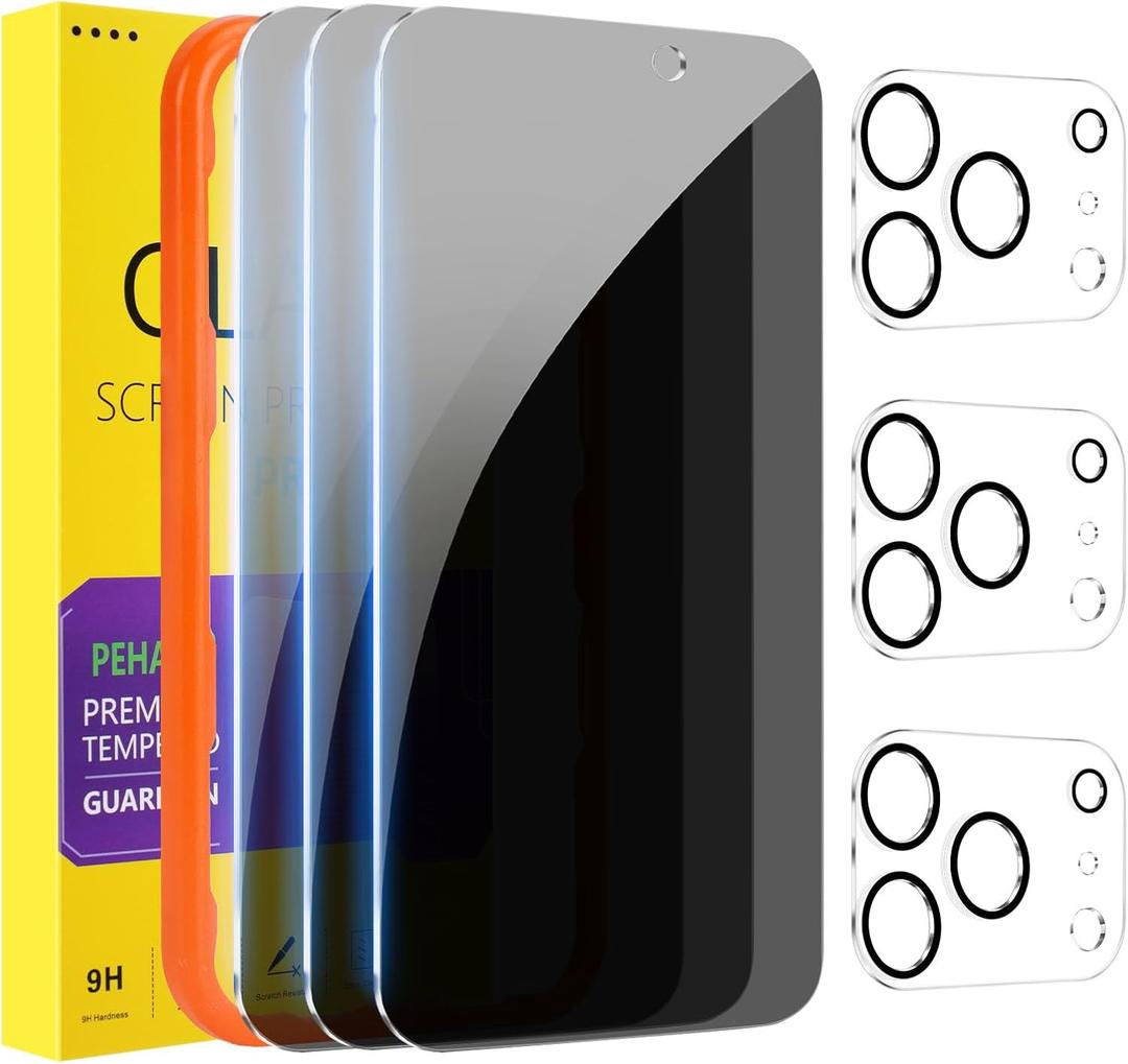 PEHAEL 3+3 Pack for iPhone 17 Pro Privacy Screen Protector with Camera Lens Protector Full Coverage AntiSpy Tempered Glass Film 9H Hardness Easy Installation Bubble Free [6.3 inch]