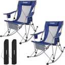 FUNDANGO Rocking Camping Chair, 2 Pack High Mesh Back Portable Folding Camp Chairs with Pillows, Cup Holder and Carry Bag for Lawn Patio Garden Outdoor Supports 300 Lbs (Blue/Grey)