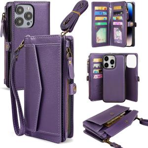 for iPhone 16 Pro Wallet Case for Women, Support Wireless Charging with RFID Blocking Card Holder, PU Leather Wallet Detachable Magnetic Phone Case Crossbody Strap, Purple