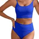 ANRABESS Women High Waisted Bikini Sets Color Block Summer Beach Vacation 2 Piece Bathing Suit Tummy Control Ribbed Swimsuit (Large, Royal Blue)
