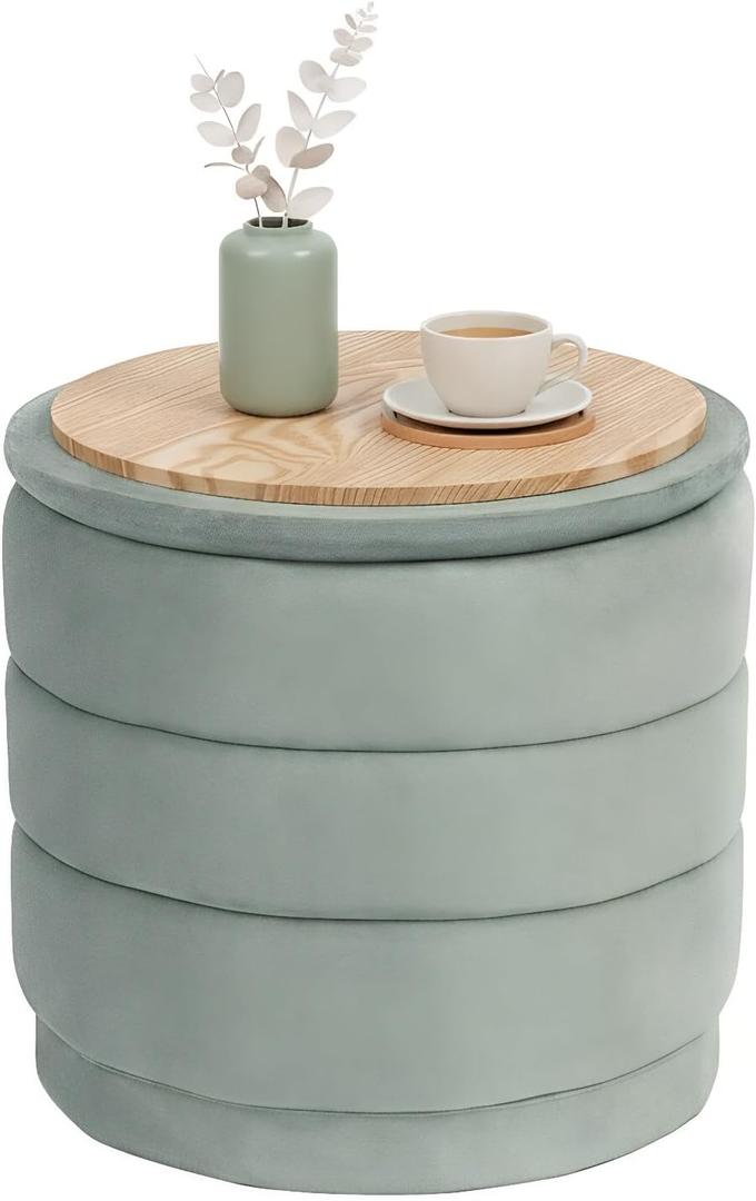 B FSOBEIIALEO Round Velvet Storage Ottoman with Tray, Folding Ottoman with Storage Coffee Table Foot Rest for Dorm Room, Living Room Sage, 15.35"x15.35"x14.57"