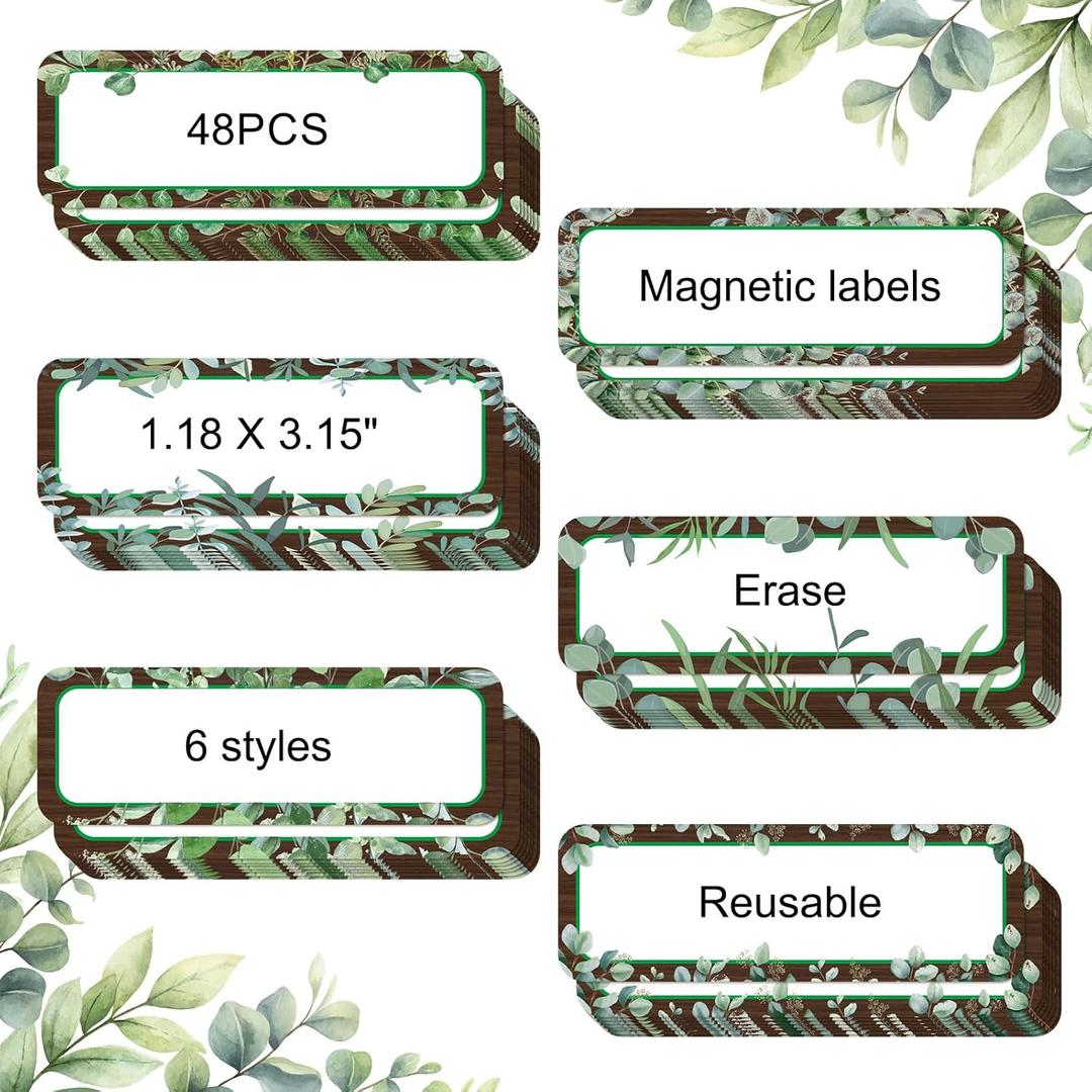 Kanayu 48 Pcs Eucalyptus Magnetic Dry Erase Labels Reusable Name Tag Plate Flexible Magnetic Label Sticker Blank Writable Card for Whiteboard Classroom Home Office Fridge(Stylish,1.18 x 3.15 Inch)