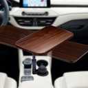 Car Desk for Laptop & Tablet, 360 Swivel Base, Cup Holder Mounted Wood Composite Tray, Tool-Free Setup, Heat Resistant, Fits 2.753.93 Inch Cup Holders, Compatible Tesla Y/3/S & Ford F150