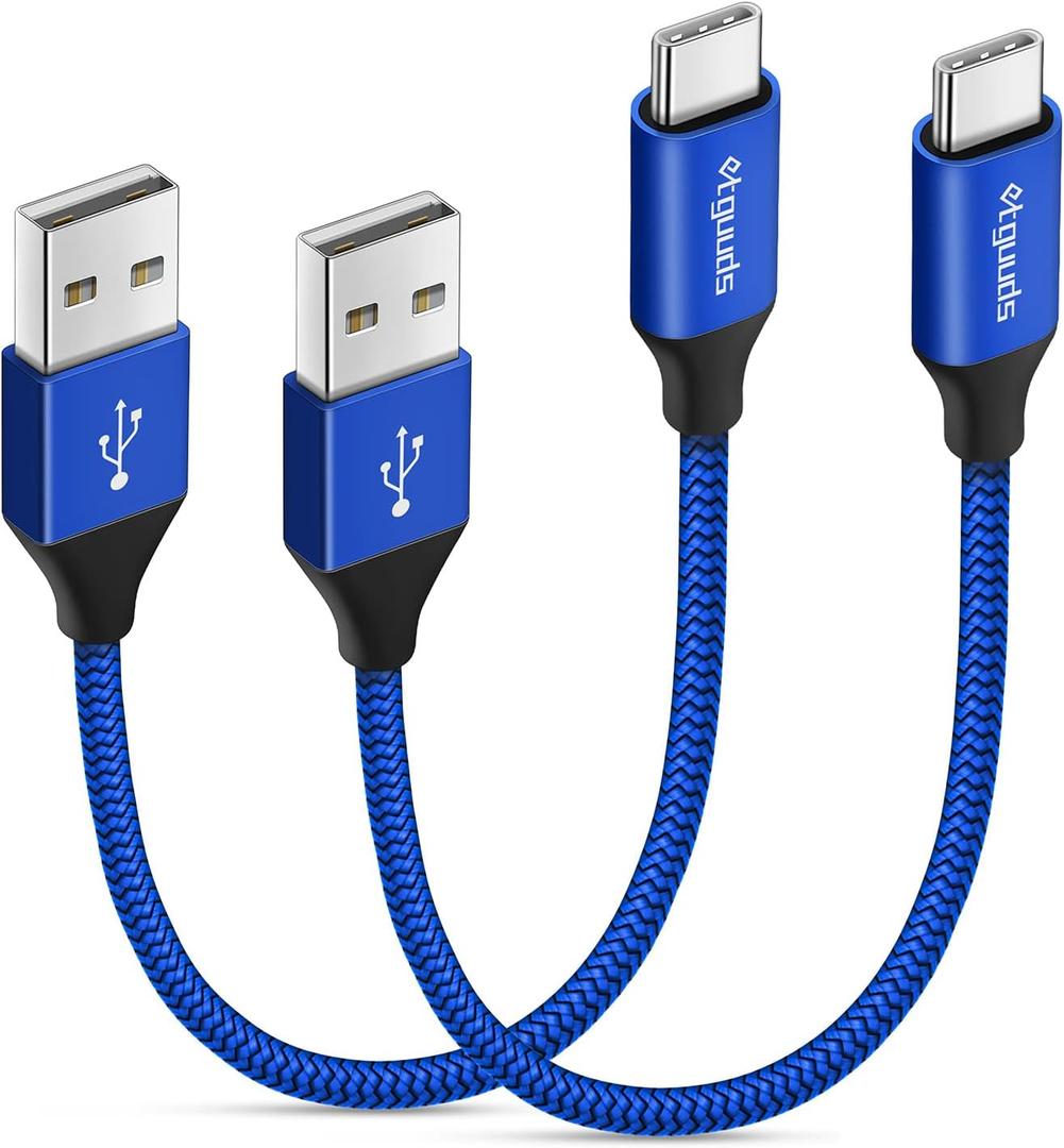 etguuds USB to USB C Cable 0.5ft, 2-Pack Short USB A to Type C Charger Cord Fast Charging for Samsung Galaxy A17 A16 A15 A26 A36 A56, S25 S24 S23 S22 S21 S20 S10 Note 20, for iPhone 17 16 15, Moto (Blue)