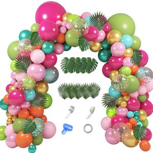 158Pcs Tropical Balloon Arch Garland Kit, Hawaiian Luau Aloha Flamingo Party Decorations Olive Green Hot Pink Orange Rose Gold Confetti Balloons Palm Leaves Birthday Baby Shower Summer Beach Supplies