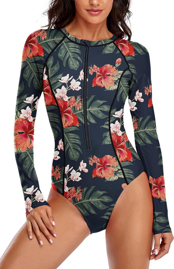 YATEEN Women's Athletic Training Swimsuit Long Sleeve Rashguard (X-Large, #10 Navy / Red)