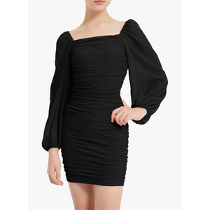Women's Ruched Bodycon Dress Teens Mesh Lantern Sleeve Party Dance Homecoming Tight Short Pencil Dresses 3XL