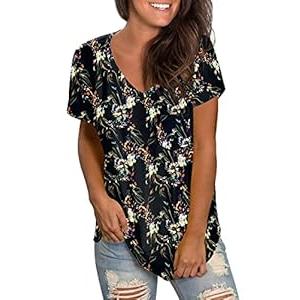 WEESO Womens Tshirts Loose Fit V Neck T Shirts Floral Tops Short Sleeve 2XL