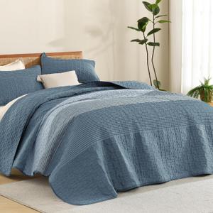 Litanika Super King Quilt, 3 Pcs Blue and Linen Stripe Bedding Set