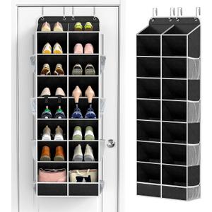 Yecaye 8 Tier Over the Door Shoe Organizer of Deep 16 Compartments, 50lbs Load Shoe Rack for Door in Oxford Holds 16-24 Pairs, Stain-Resistant Hanging Shoe Organizer for Closet, Black