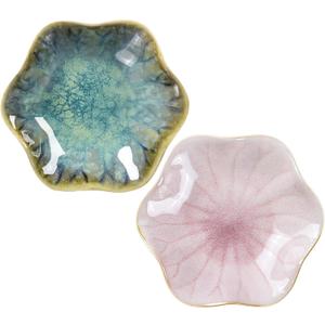 2Pcs Ceramic Jewelry Dish - Lotus Leaf Shape, for Ring Holder Necklace Small Key, Suitable for Mother Friend Sister, Gifts for Women, Cute Plate Trinket Tray, Home Decor (Crystal Green & Pink)