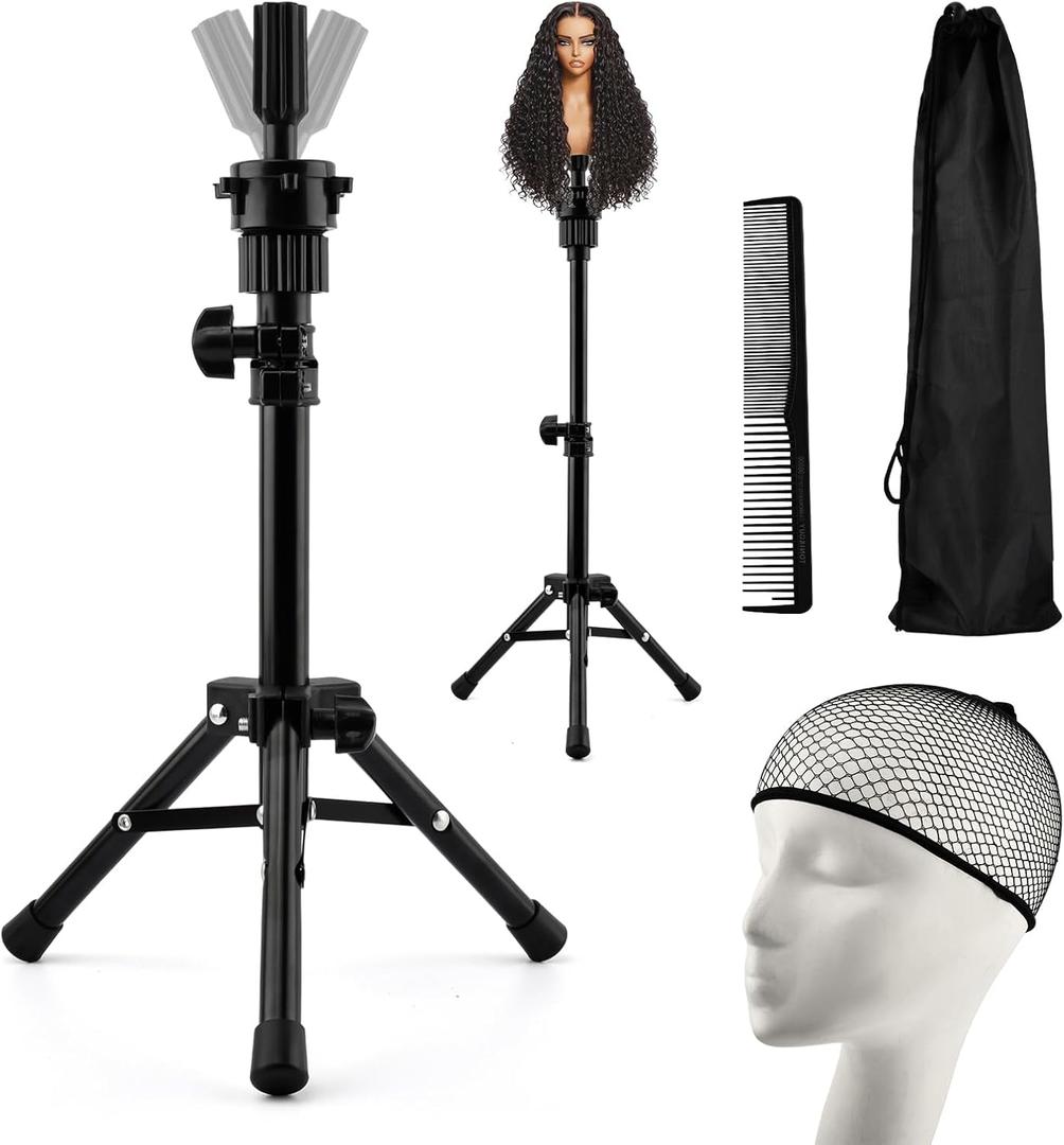 Wig Head Stand, Adjustable Mannequin Head Stand for Styling, Wig Stand Tripod for Cosmetology Hairdressing Training, with Wigs Caps, Comb, Storage Bag(COLOR:black)