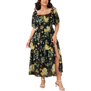 SCOMCHIC Womens Plus Size Maxi Dress Wedding Guest Tiered Long Dresses | Puff Short Sleeve Floral Dress, Elegant Cocktail Dress, Evening Party Dress, Formal Dresses, Summer Dresses, Dress with Slit (XXL)