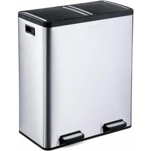 Step N' Sort The 18.5 Gallon Extra Large Capacity, Soft-Step, Dual Trash and Recycling Bin with Removable Inner Bins, Silver