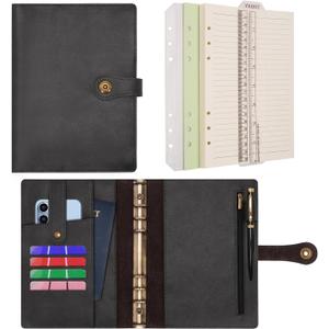Wonderpool A5 Binder Journal Leather Spiral Notebook Refillable College Ruled Paper, Budget Binder Rings Diary Organizer with Pen for Office School Travel Business Planning Writing (Black,A5)
