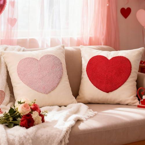 Remagr Valentine's Day Pillow Covers 18 x 18" Set of 2 Love Heart Valentine's Day Decoration Red Pink Heart Soft Chenille Jacquard Throw Pillow Cover for Sofa Living Room Couch Bed Home Couple Gift