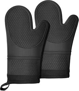 Extra Long Silicone Oven Mitts, Heat and Slip Resistant Oven Mitts with Soft Cotton Lining Non-Slip Textured Grip, Long Flexible Thick Gloves for BBQ, Baking, Cooking, 12.59 inches, Black
