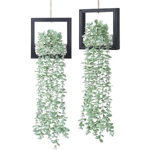 2 Pack Fake Plants Hanging, Artificial Eucalyptus Vines in Square Wooden Frame with Glow Accents, Boho Wall Decor for Office Living Room Bathroom Bedroom Kitchen, 7.8 inch, Black