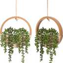 Floweroyal 2pcs Artificial Succulents Hanging Plants 12.2'' Fake String of Pearls in Pot with 8.3'' Lanyard for Indoor Outdoor Wall DecorWood Color.