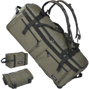 45/80/100/120L U-Zip Rolling Duffel Bag with Wheels, X-Large Durable Travel Duffle + Toiletry Bag, Lay-Flat Opening, Packable w/Shoulder Straps- Use as Luggage or Backpack, Men/Women (Green)