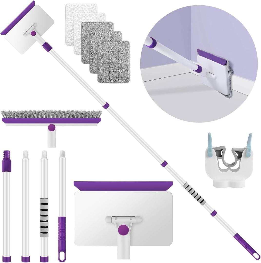 Baseboard Cleaner Tool with Handle, 60" Extendable Long Handle Baseboard Cleaner with 5 Reusable Pads for Baseboards Cleaning, Ceiling, Wall, Floor, Bathroom Kitchen (Purple)