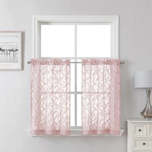 Lecloud Leia Jacquard Textured Blush Sheer Kitchen Curtains 36 Inch Length 2 Packs, Airy & Breathable Clip Leaf Living Room/Dining Room/Cafe/Bedroom Voile Pink Curtain & Drapes with Dual Rod Pockets,