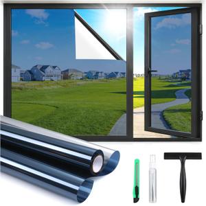 Haton One Way Window Privacy Film, Window Tint for Home with Tools, Static Cling Removable, UV Sun Heat Blocking Reflective Mirror Film, See Out Not in, Blue-Silver, 35.4 by 78.7 inch
