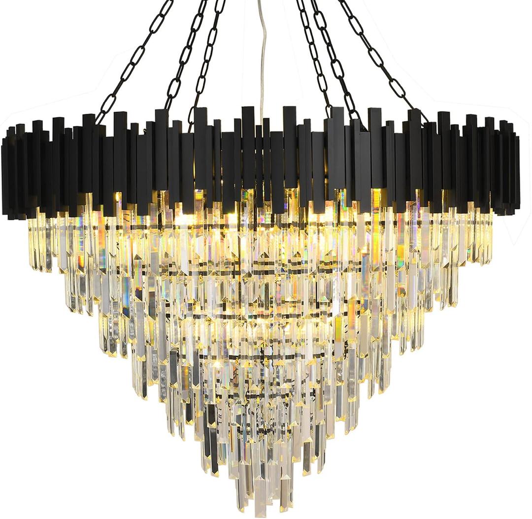 Large Round Crystal Chandelier,7-Tier Contemporary Modern Black K9 Crystal Chandeliers for Living Room,Round Ceiling Light for Entryway, Dining Room, (D40in-27 Lights)