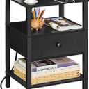 Lerliuo Nightstand with Charging Station and USB Ports, 3-Tier Storage End Table with Drawer Shelf, Night Stand for Small Spaces, Wood Bed Side Table for Living Room, Bedroom - Classic Black (set 1, Black)