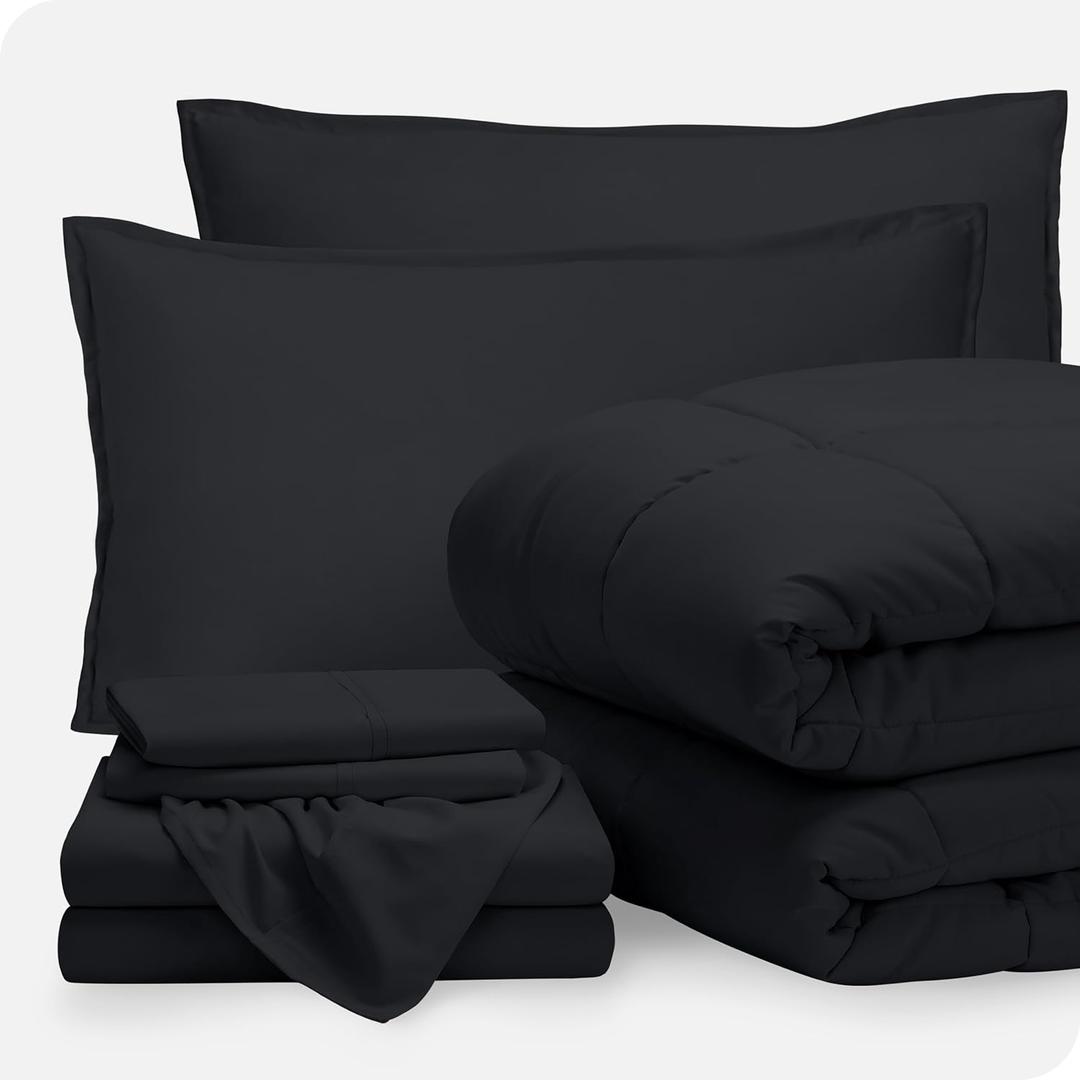 Bare Home Bed-in-A-Bag 7 Piece Comforter & Sheet Set - Queen - Goose Down Alternative - Ultra-Soft 1800 Premium - Bedding Set (Queen, Black/Black)