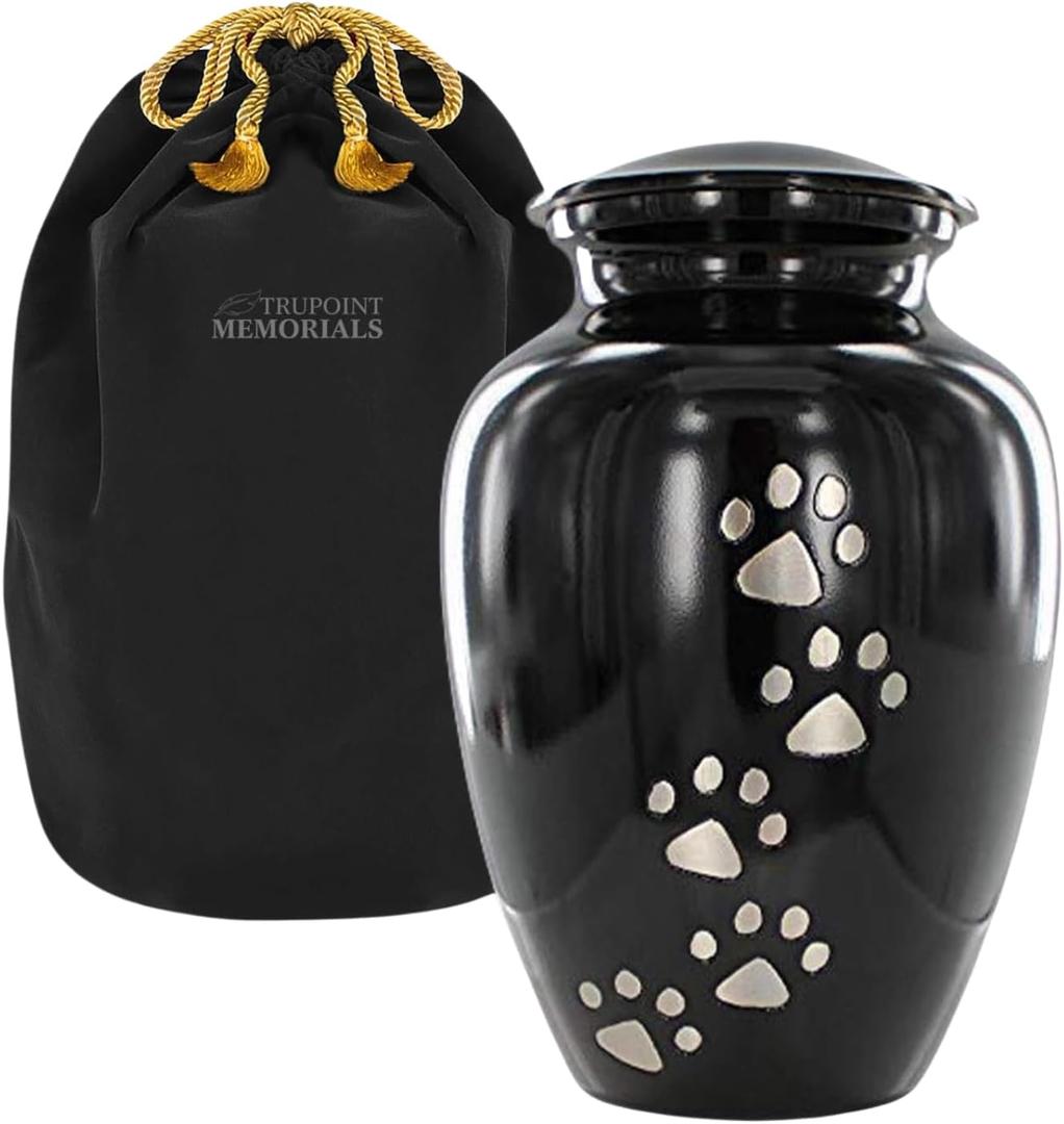 Trupoint Memorials Large Pet Urn for Dogs and Cats Ashes, Paws Print Black Cremation Urns for Pets up to 122 lbs