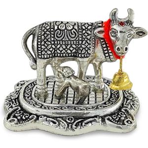 NOBILITY Pooja Items Diwali Gift Silver Antique Small Kamdhenu Cow with Calf Metal Statue Decorative Item Showpiece for Home Office Decoration Wedding Return Gifts (Pack of 1)